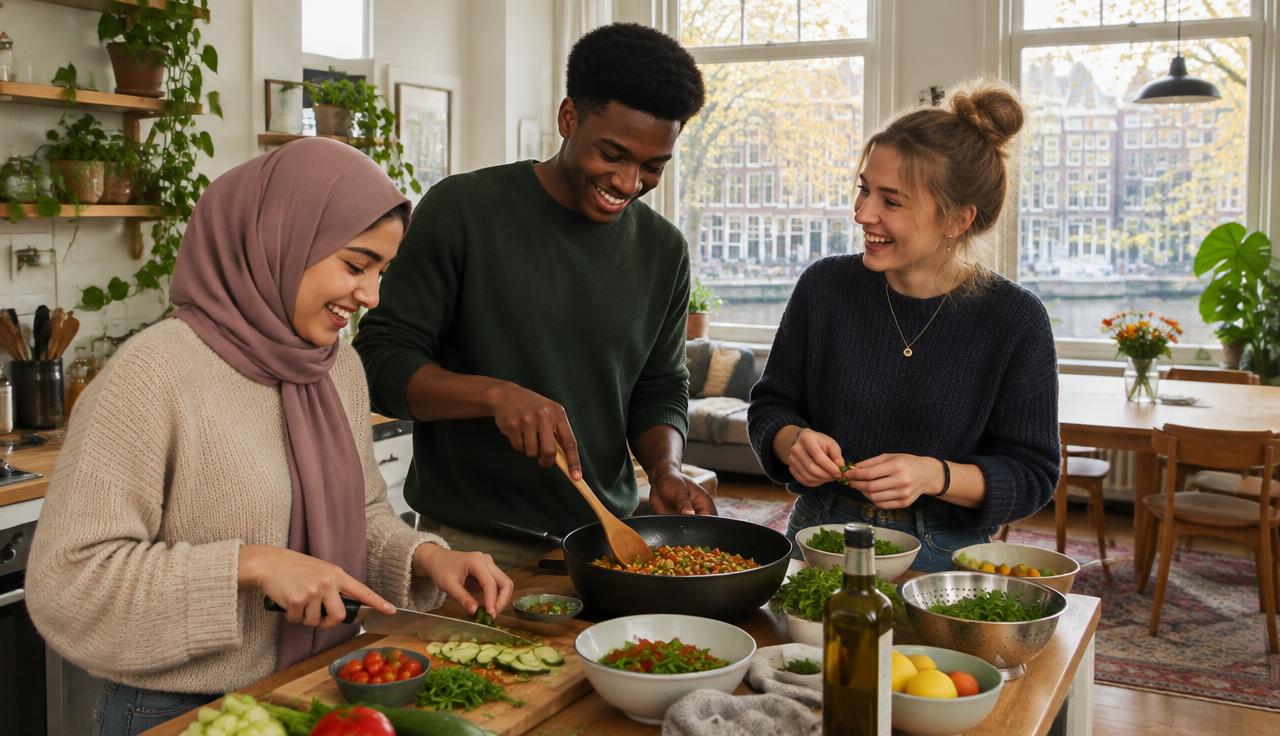 Drie jongeren koken samen in een lichte gedeelde keuken