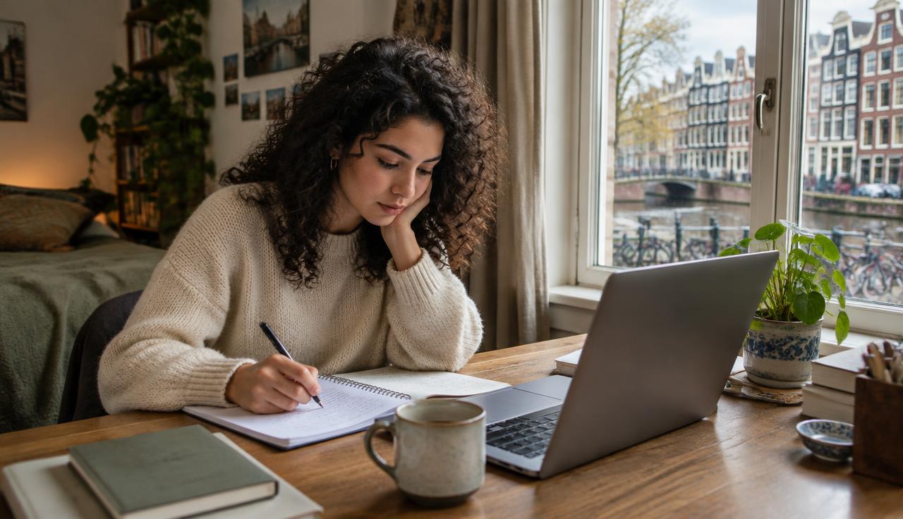Jonge vrouw studeert aan haar bureau bij het raam met uitzicht op de stad