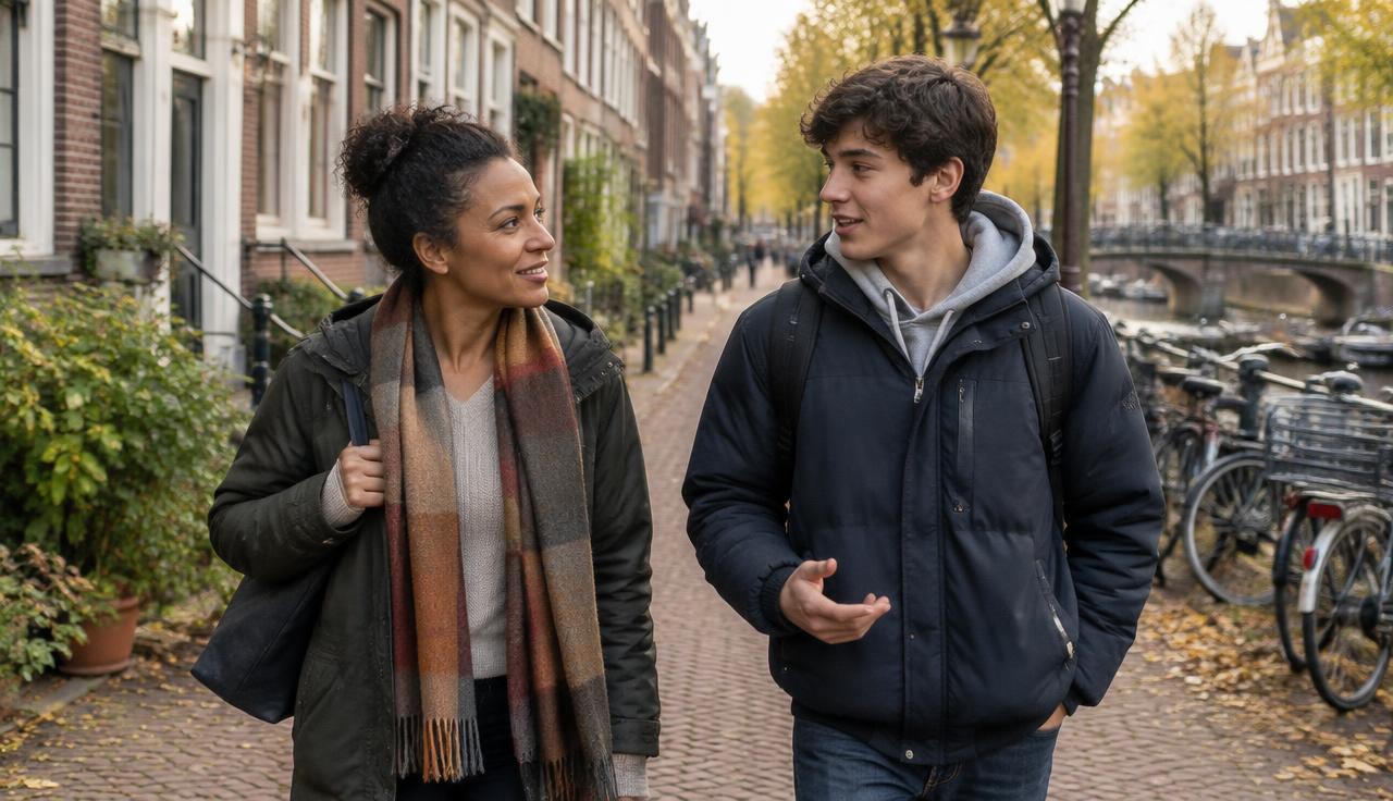 Begeleider en jongere wandelen pratend door een Amsterdamse straat