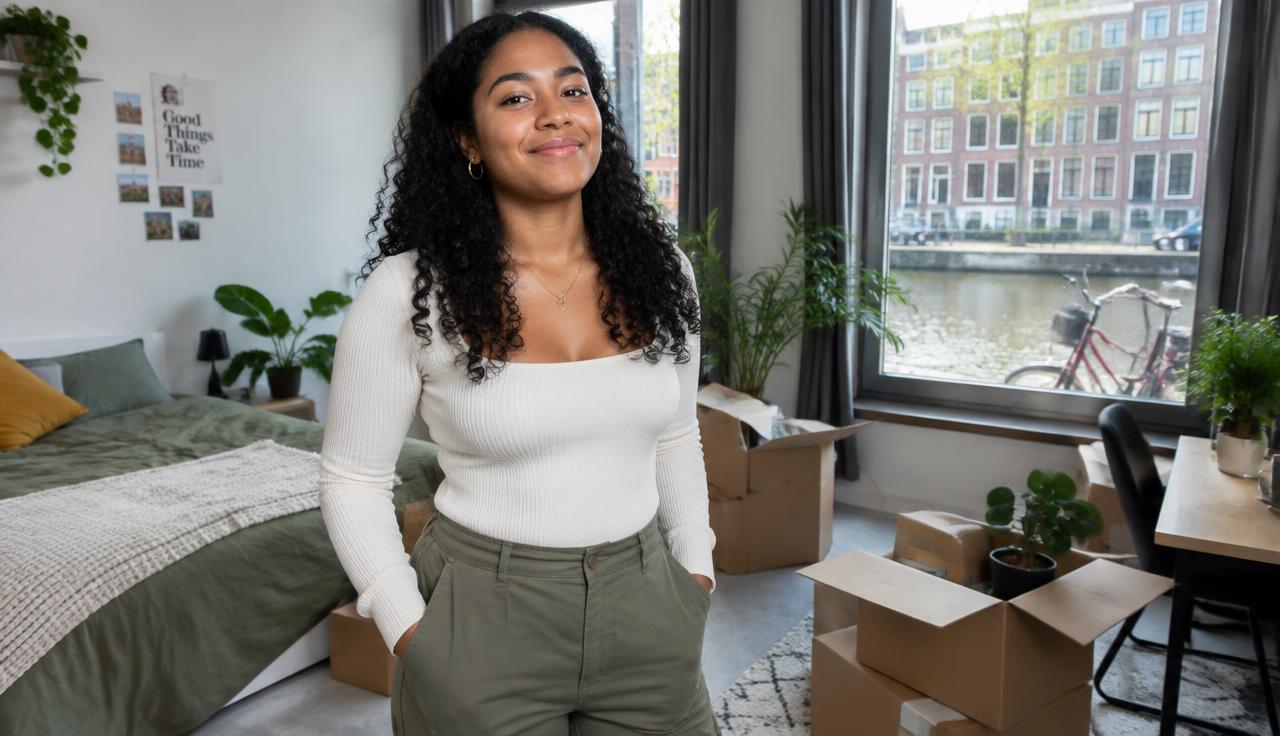 Jonge vrouw trots in haar eigen studio met uitzicht op een gracht