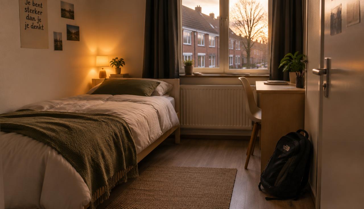 Rustige, warm verlichte slaapkamer in de crisisopvang